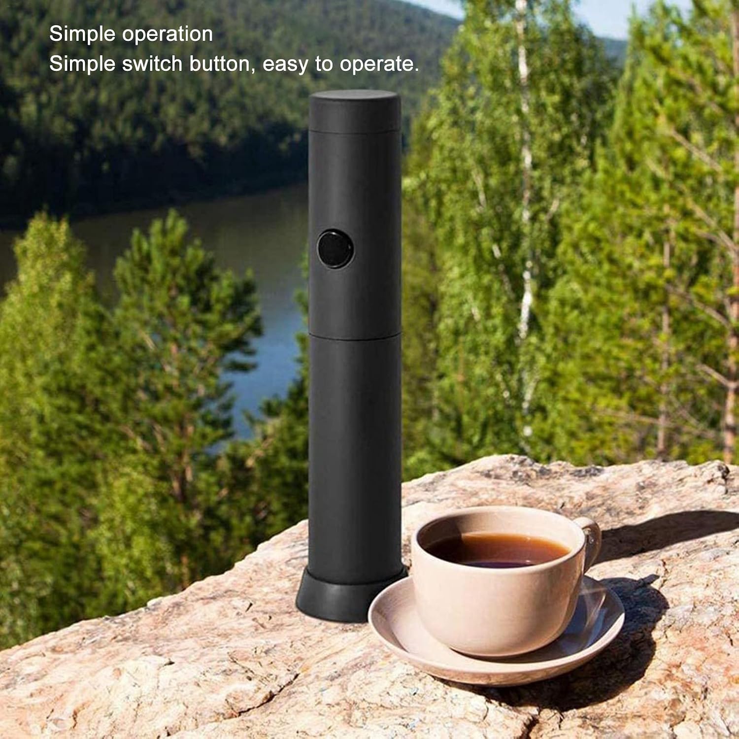 Pilipane milk frother standing upright in its base next to a cup of coffee outdoors.