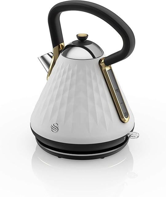Swan Gatsby White and Gold 1.7 Litre Pyramid Kettle, 3 KW Rapid Boil, Diamond Pattern Design, Matte White with Gold Accents, SK14080WHTN