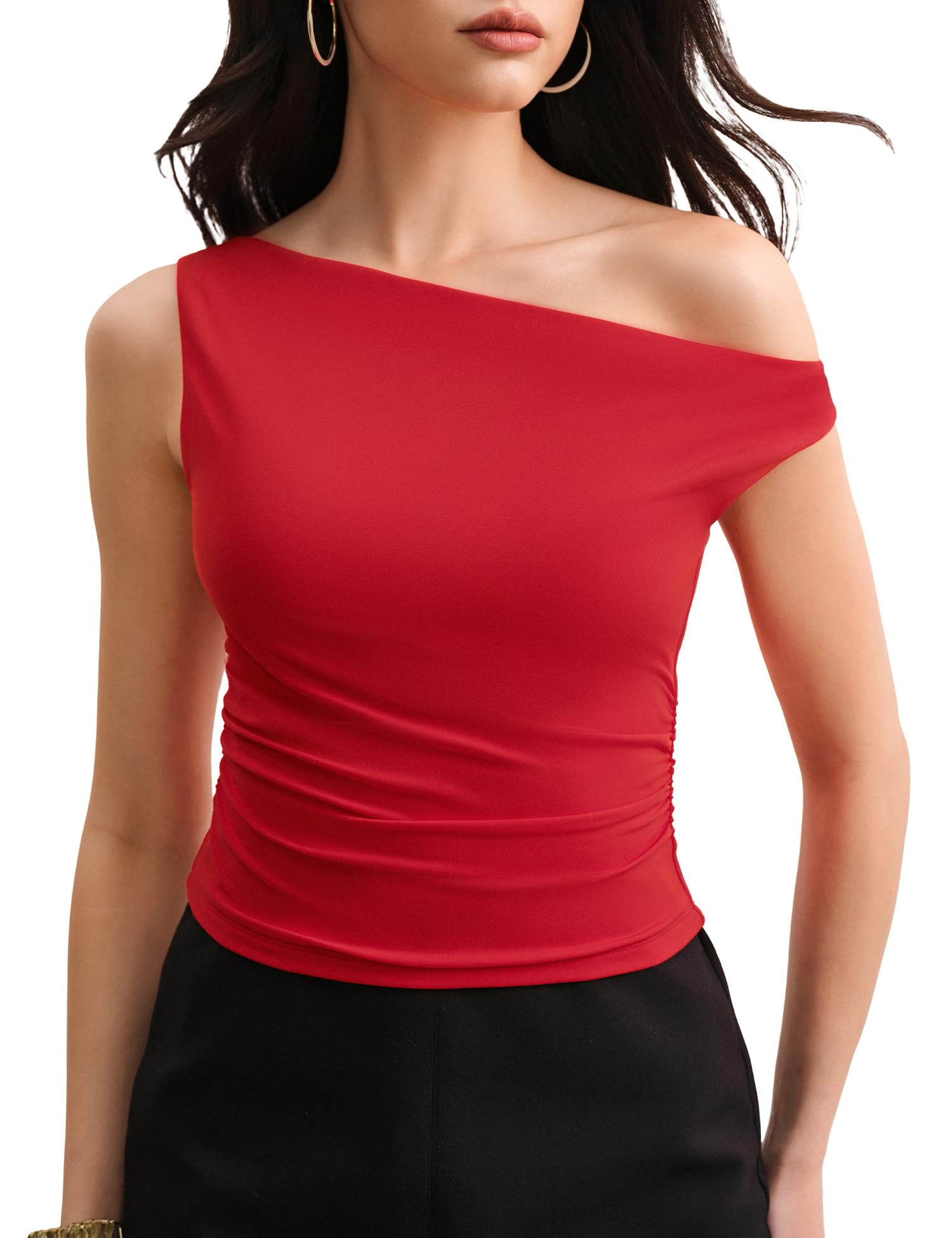 C202 Women's Off The Shoulder Tops for Women Sleeveless Going Out Tank Tops Asymmetrical Trendy Y2K Clothing, Ruby, Medium