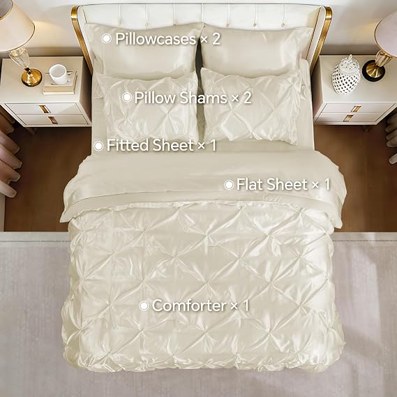 BEDELITE Satin Comforter Set Queen Size, 7 Pieces Pintuck Bed in A Bag with Comforter, Flat Sheet, Fitted Sheet, Pillowcases, Shams, Soft Similar to Silk Bed Set for All Seasons (Ivory White)