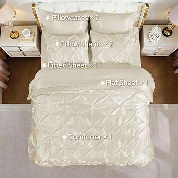 BEDELITE Satin Comforter Set Queen Size, 7 Pieces Pintuck Bed in A Bag with Comforter, Flat Sheet, Fitted Sheet, Pillowcases, Shams, Soft Similar to Silk Bed Set for All Seasons (Ivory White)