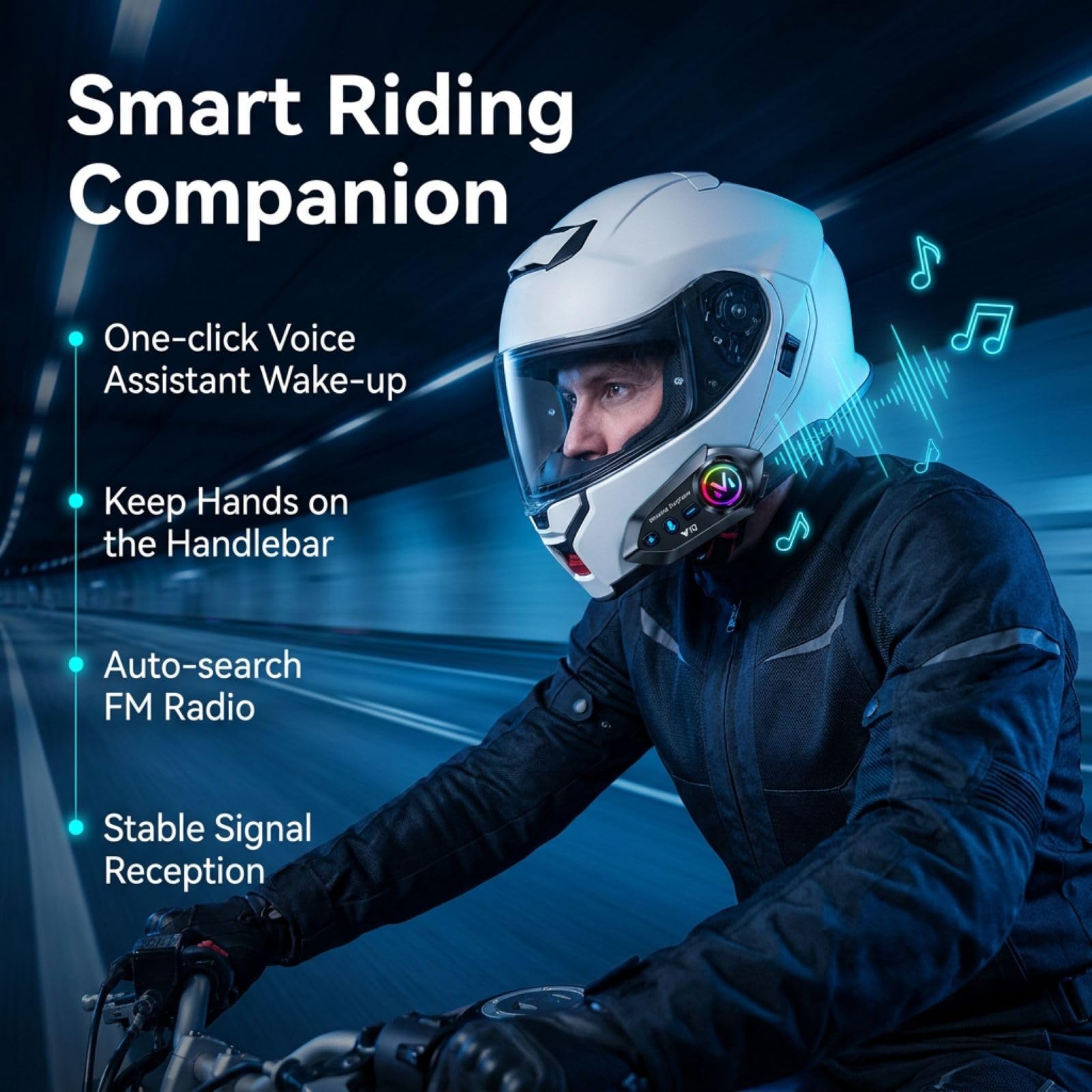 Écouteurs Moto Bluetooth 5.4, Kit Casque Moto Double Suppression du Bruit avec Assistant Vocal, IP65 Étanche, Éclairage RGB Appels HD, HiFi Musique et Navigation en Même Temps pour Tous les Casques