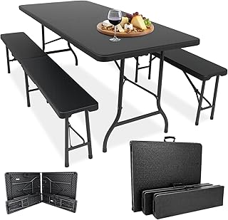 Devillo® Bierzeltgarnitur klappbar 3‑teilig – Tisch 180x74x72 cm + 2 Bänke 180x25x43 cm – Campingtisch, wetterfest & pflegeleicht, Anti‑Rutsch – mit Tragegriffen – für Camping, Garten – Anthrazit