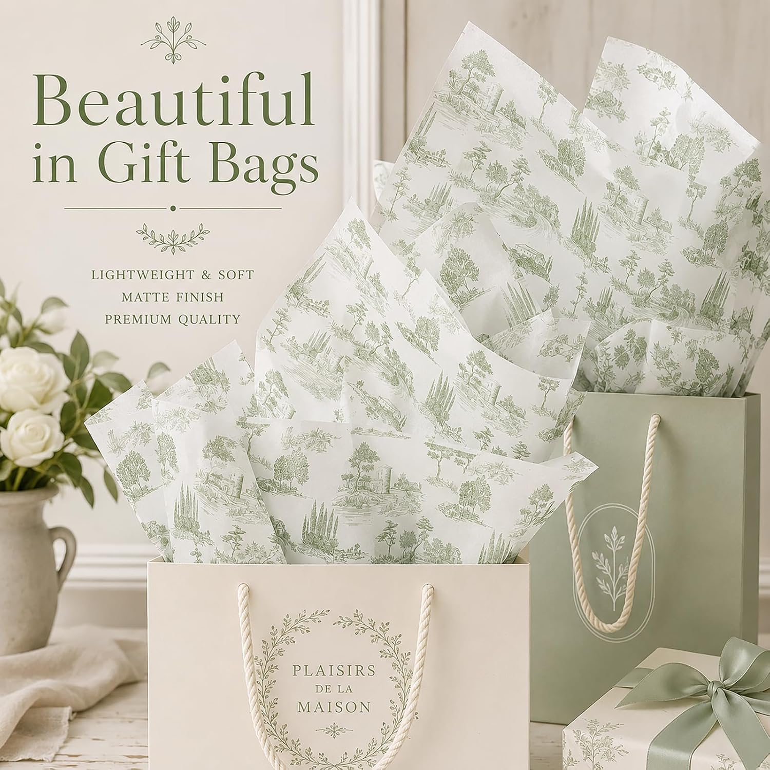 60 Sheet Vantage French Toile Tissue Paper, 13.8 x 19.7'' Countryside Horses, Bridges and Trees Village Toile Gift Wrapping Paper for Birthday Baby Shower Wedding Party Supplies (Green)