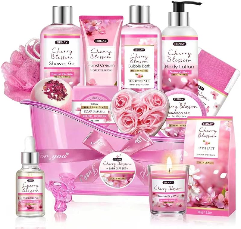 EIRNAY Kit de cuidados corporais com 15 peças e cesta de presente Cherry Blossom
