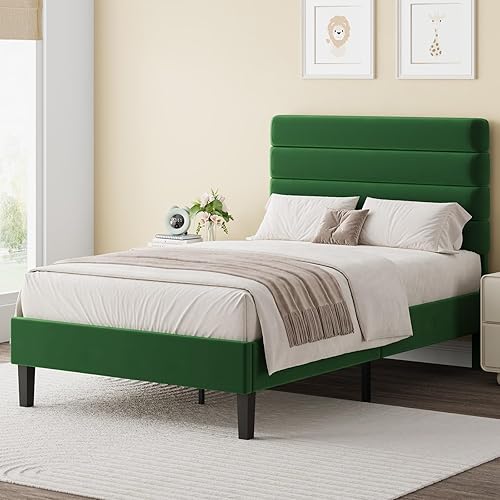 Miniatura 13 de Base de cama tamaño Queen con cabecero tapizado en terciopelo, base de cama plataforma tamaño Queen con soporte de listones de madera, no requiere