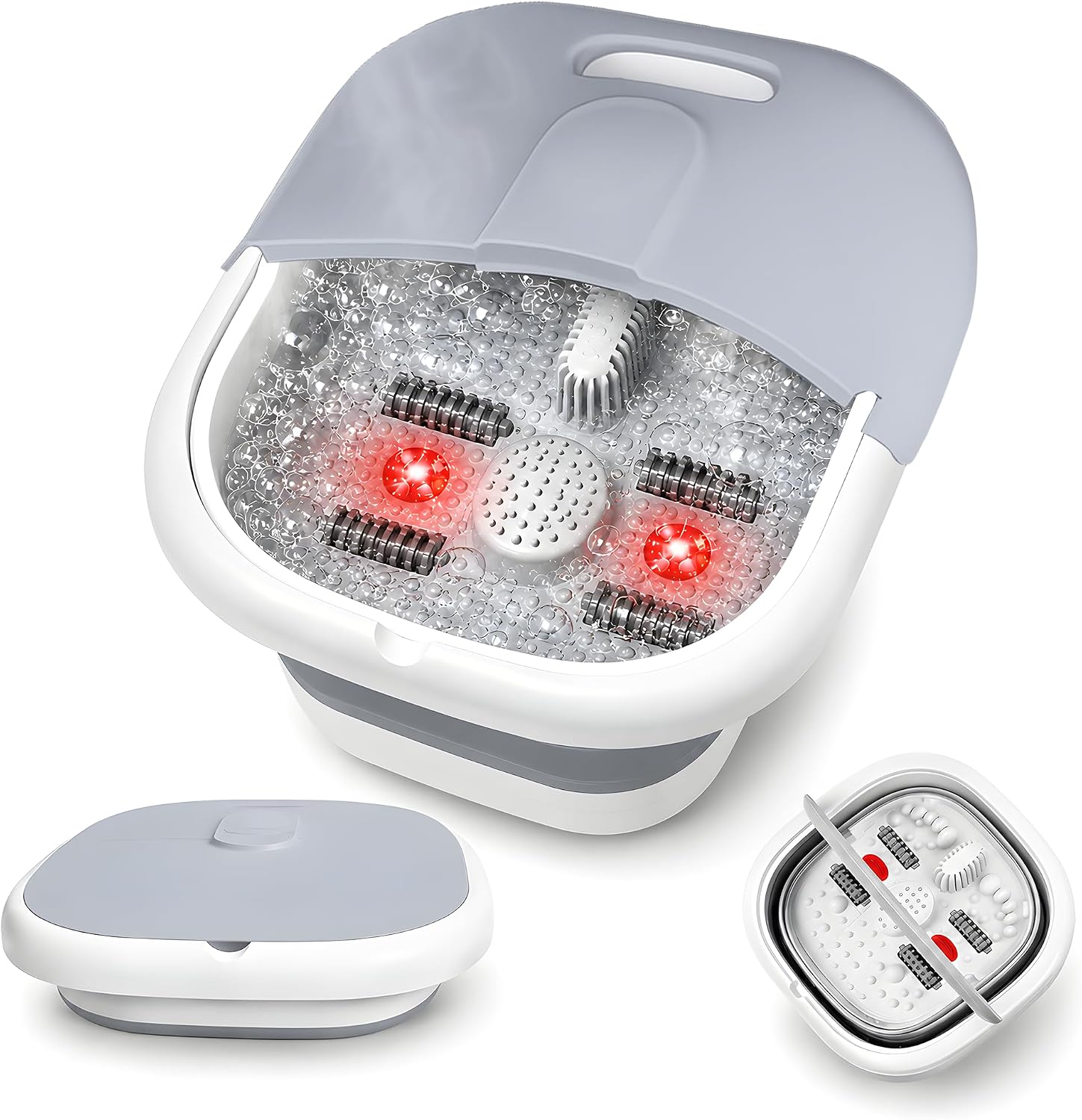 Collapsible Foot Bath with Invigorating Bubble, Warm Light, and Heat - Pedicure Foot Spa Massager for Relaxation, Daily Comfort - Feet Soaking Tub with Temperature Control, 4 Massage Rollers (Grey)