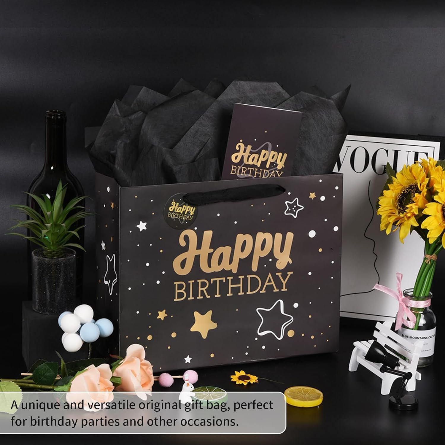 16" Black Happy Birthday Gift Bag with Tissue Paper and Greeting Card for Party,Happy Birthday Gift Bag for Men Women,Gift Bags Extra Large(1 PCS Black Hot Stamping) - Image 3