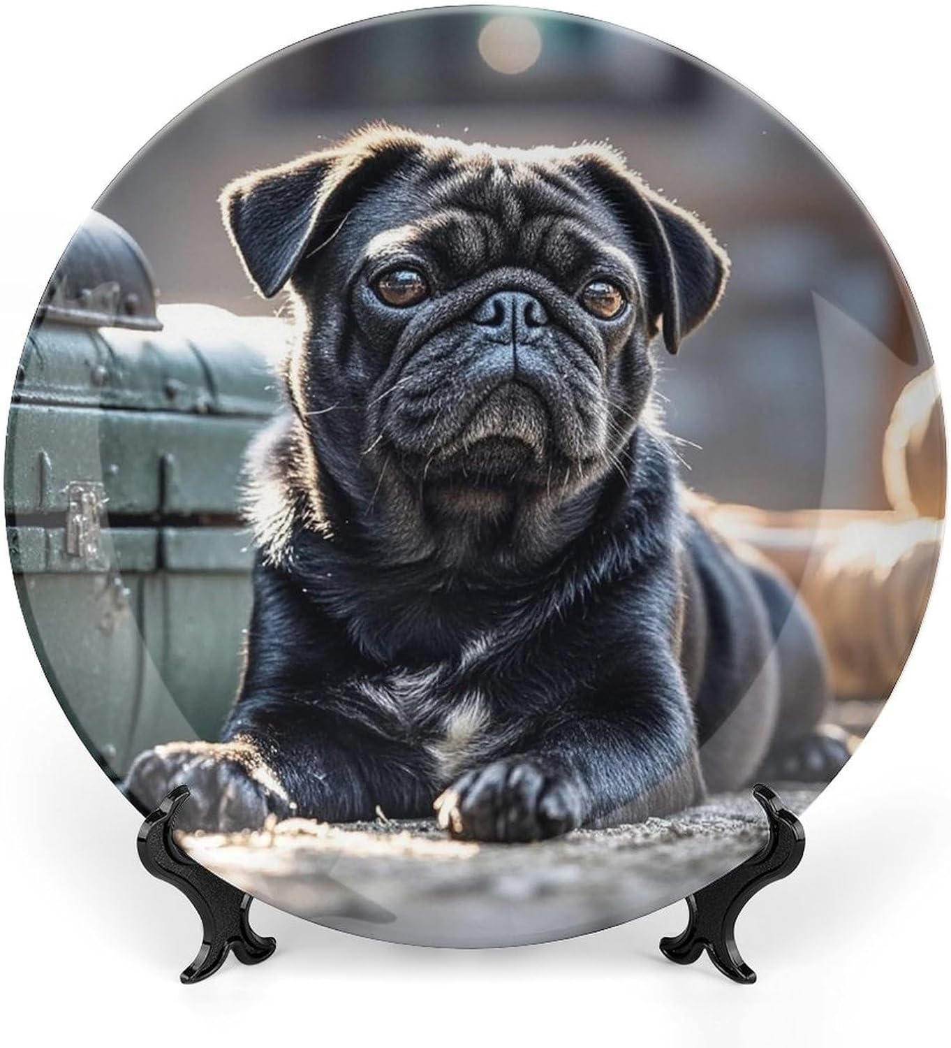 Cute Black Pug Dog Ceramic Plate 10inch Decorative Bone China Wall Hanging Ornament Plates Bohemian Style Dinner Plate with Display Stand Cabinet Display Plates for Home Art Decor