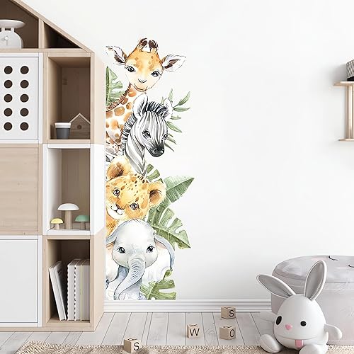 Calcomanías de pared de animales de la selva, diseño de animales del bosque, elefante, jirafa, león, cebra, vinilo extraíble para niños, bebés,