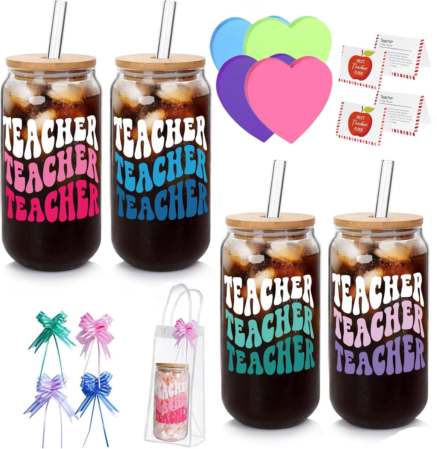 Mason Life 4 Sets Teacher Gifts,180Z Teacher Gifts for Women, Thank You Teachers Gift Bulk Glass Cup with Lid and Straw Appreciation Present End of The Year Glass Cups Gift for Teachers