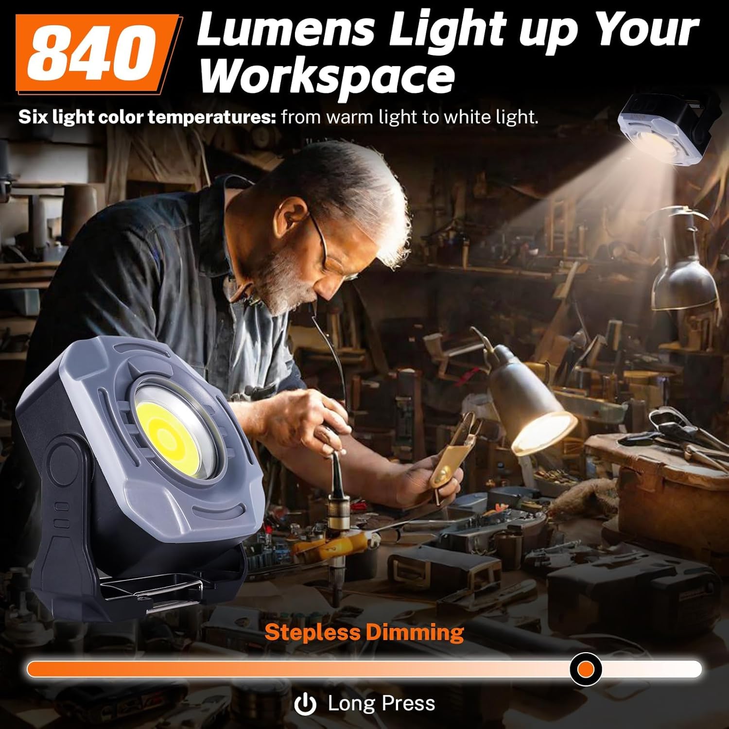 KunHe 2 Pack 4000mAh 840 Lumens Magnetic Rechargeable Work Light Stepless Dimming Magnetic car Light Mechanic 32 Hours Long Runtime Magnetic Shop Light 330° Rotatable Portable Lamp with Hook - Image 2