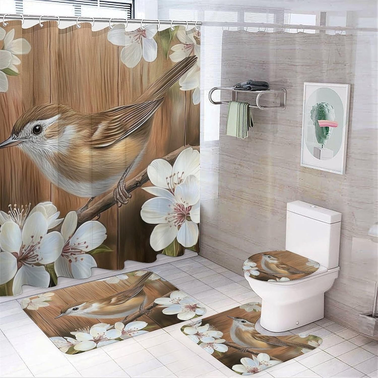 4Pcs Minimalist Branch Bird Shower Curtain Sets, White Flower Leaf Shower Curtains for Bathroom with Rugs, Toilet Lid Cover, Bath Mat, 72" x 72"