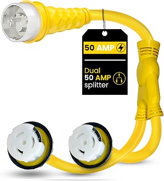 Amp Up Marine 50 Amp RV Y Splitter Shore Power Adapter Cord, 125/250V 50A Male to 2 x 125/250V 50A Female Receptacles, Heavy Duty Marine & Camper Power Splitter for RV, Boat, Camper & Shore Power