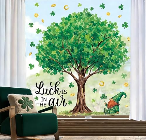 Heirloom Haven 6 Sheets Extra Large St. Patrick's Day Window Clings 32 inch, Lucky Green Shamrock Tree Window Stickers Decal Double Sided for Home School Office Classroom Spring Party Supplies Gifts