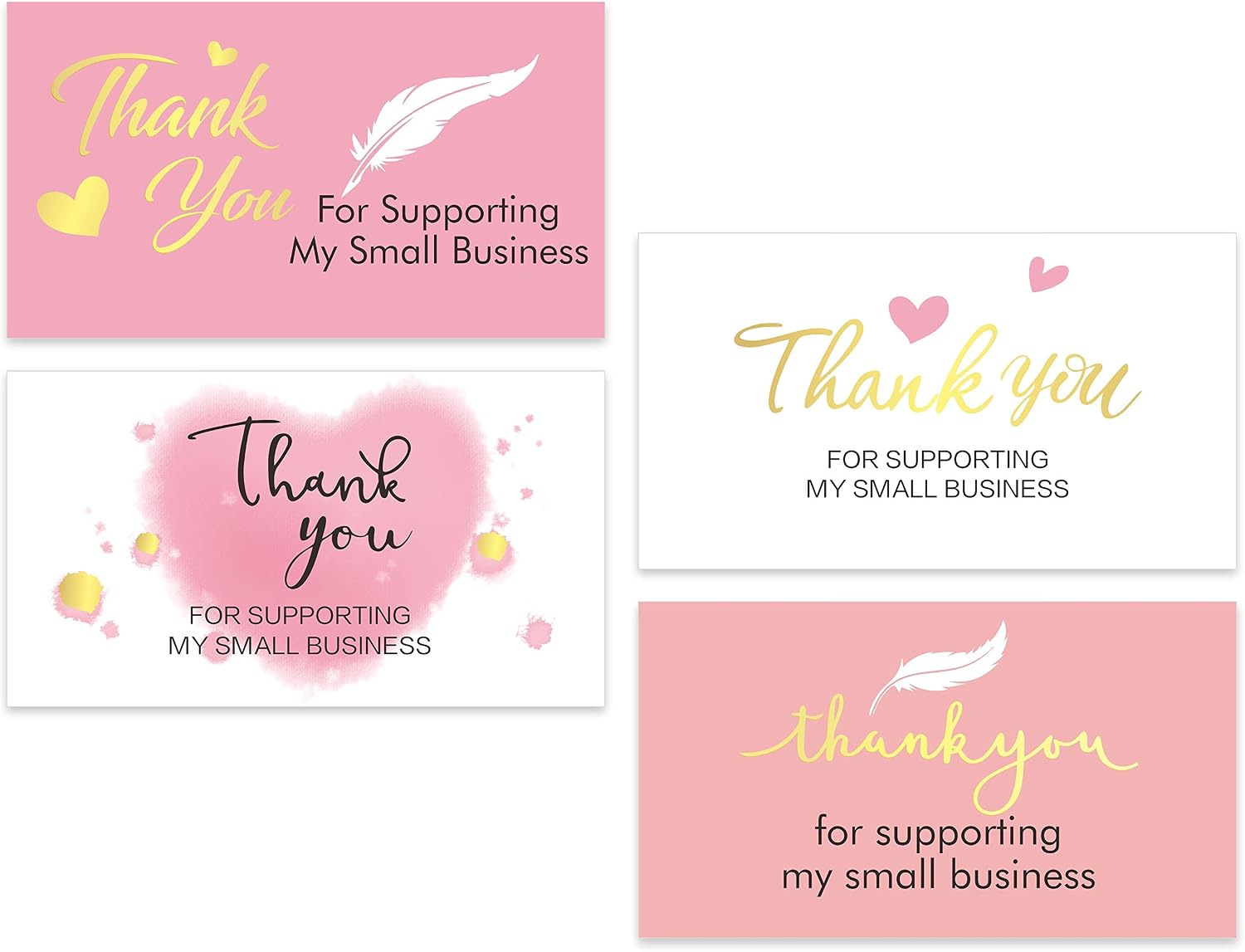 200 PCS Thank You for Supporting My Small Business Cards in 4 Elegant Pink Style Designs Gold Foil (3.5” X 2”)