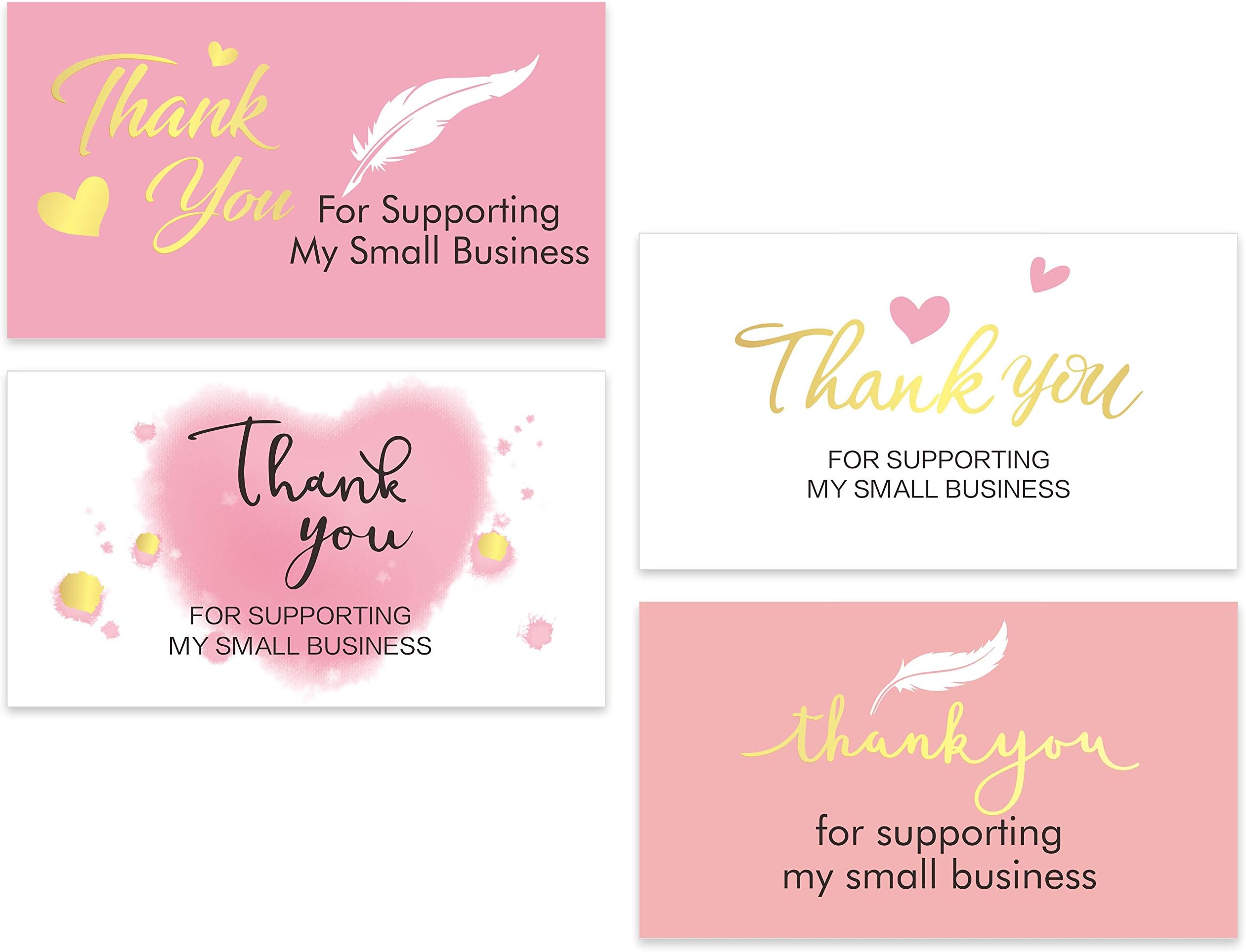 OKIO 200 PCS Thank You for Supporting My Small Business Cards in 4 Elegant Pink Style Designs Gold Foil (3.5” X 2”)