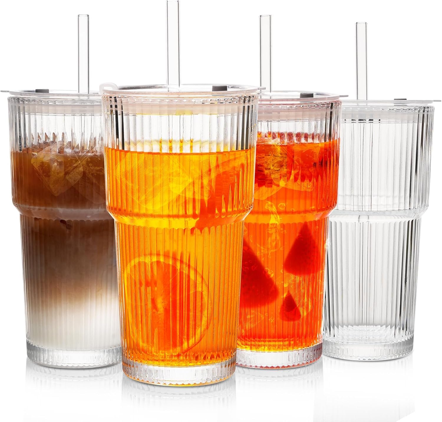 Set of 4 Stylish Ribbed Glass Tumblers with Lids and Straws, Vintage Glass Cups Thickened Drinking Glasses, Ideal for Iced Coffee, Smoothies, Cocktails, Matcha and Juices