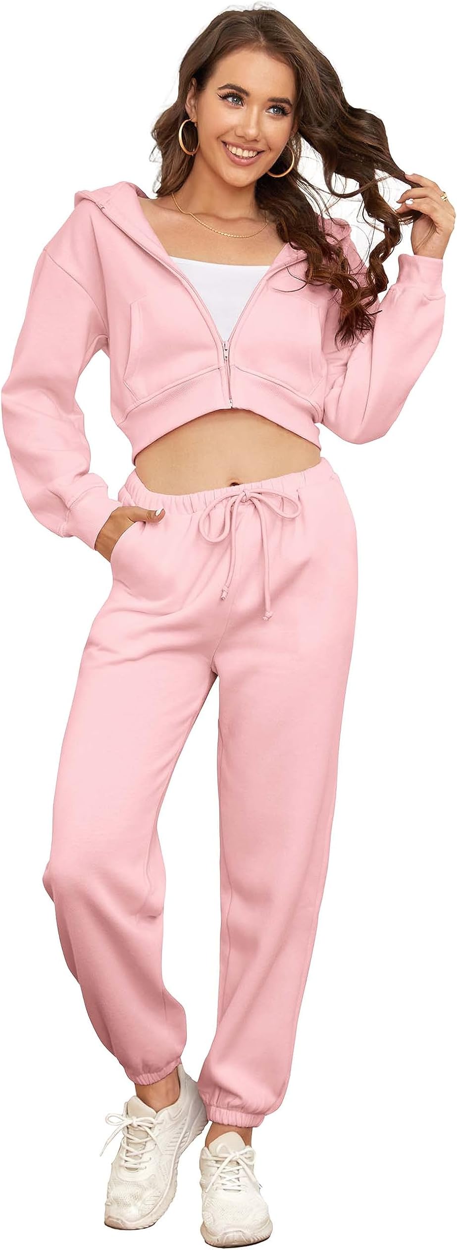 Lingswallow Fleece Lined Sweat Suits For Womens 2 Piece Lounge Sets Fall 2023 Full Zip Up Hoodies Jogger Sets With Pockets