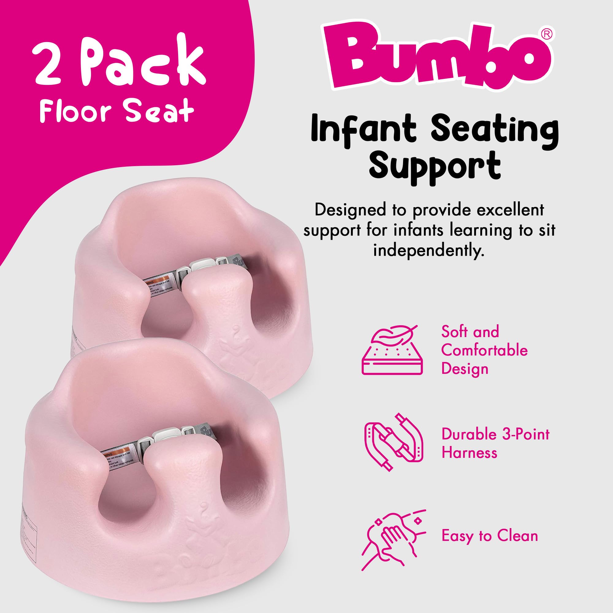 Bumbo Infant Floor Seat Baby Sit Up Chair and Sitting Support for 3 to 12 Months Old with 3 Point Adjustable Safety Strap, 2 Pack, Cradle Pink