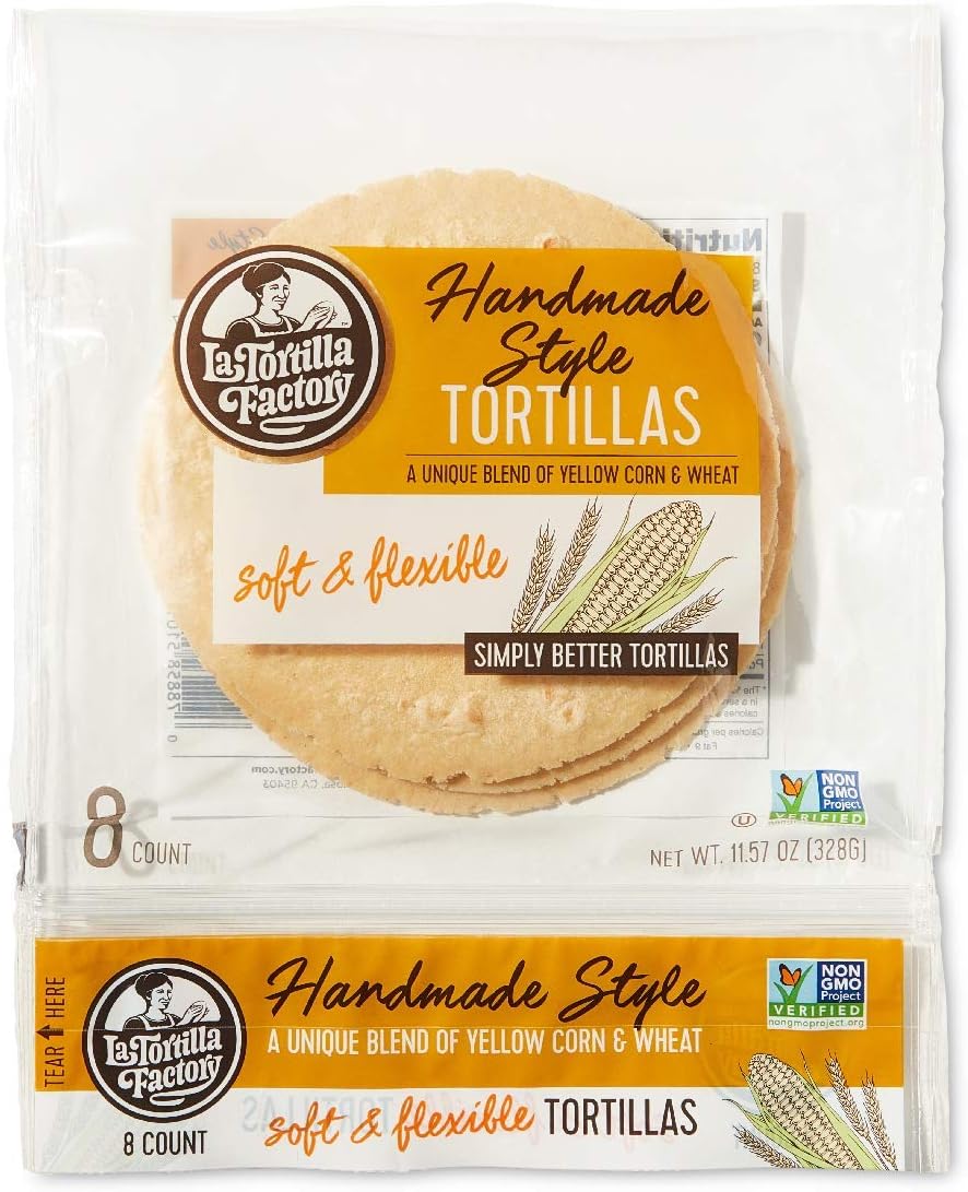 La Tortilla Factory Handmade Style Yellow Corn & Wheat Tortillas, Non-GMO, 14 Grams of Whole Grains, 8-Count, 11.57 Ounce