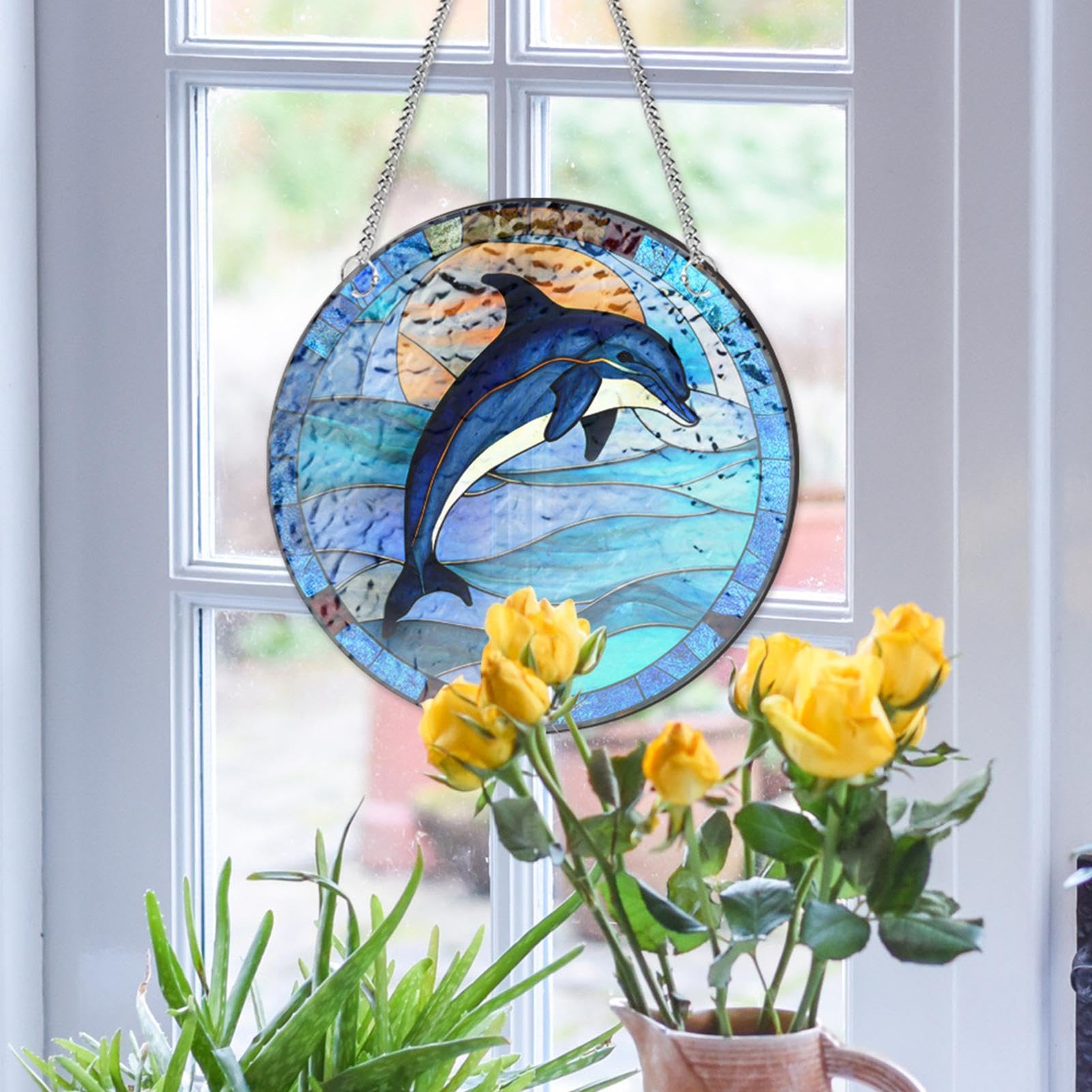 HOTIYOK Delfin Fensterbehang Aus Acryl – Buntglas-Optik, Mit Saugnäpfen & Ketten, Meerestier-Deko