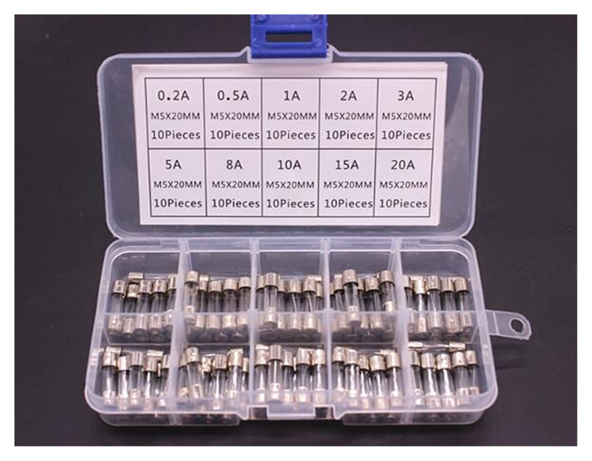 AVSBBYEPS Fuse 100Pcs Set 5x20mm Quick Blow Glass Tube Assorted Kits Fast-Blow Fuses 10A-20A
