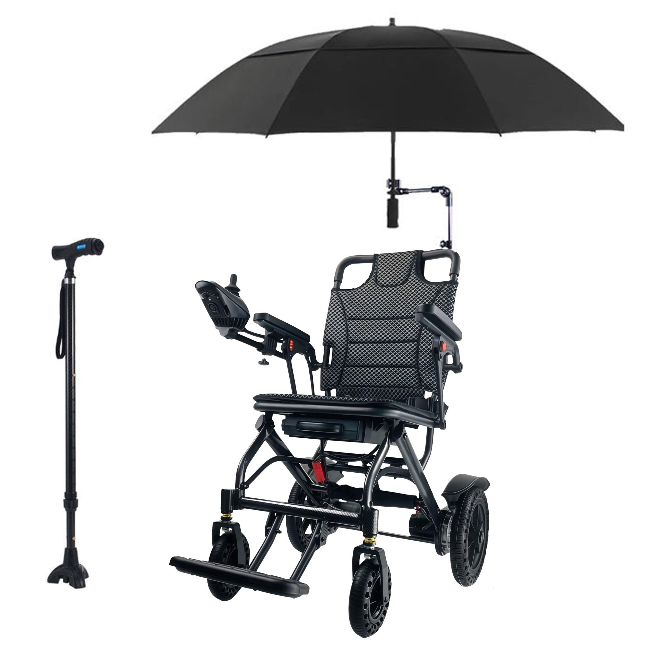Silla de ruedas eléctrica de aluminio ultraligera y plegable para adultos, motor motorizado 360W, capacidad 150kg, ultraligera 15,8kg, incluyendo paraguas y bastón para caminar,6ah