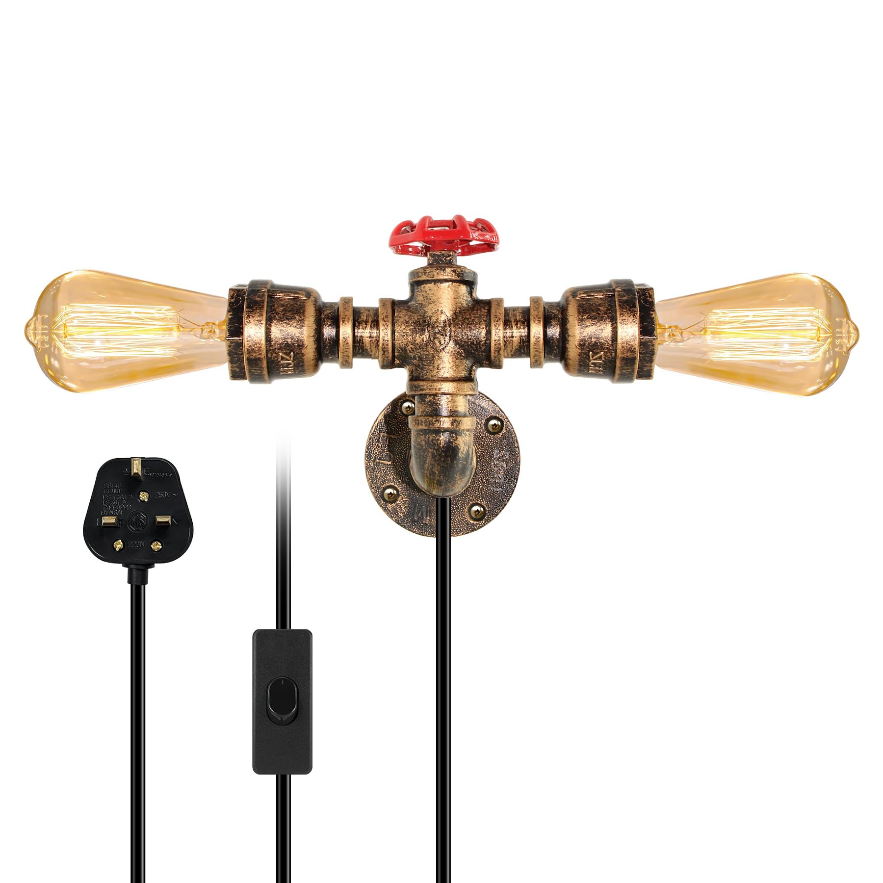 Plug in Wall Light, 2 Lights Wall Lamp Steampunk Industrial Vintage, Retro Metal Wall Sconce with 220CM Cable and Switch, Antique Bronze Wall Light Fixture, E27 Lamp Holder, for Living Room Bar Cafe