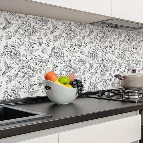 Miniatura 5 de Papel pintado vintage en blanco y negro floral de despegar y pegar - Flores, colibríes, mariposas - Extraíble 17.7"x118.1"