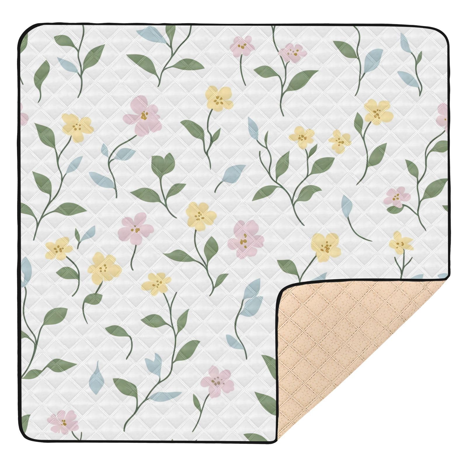 BOESI Doodle Colorful Flower Pattern Baby Play Mat, 50“ X 50” Washable Folding Crawling Mat, Baby Floor Mat, Soft, Thick, Non-Slip