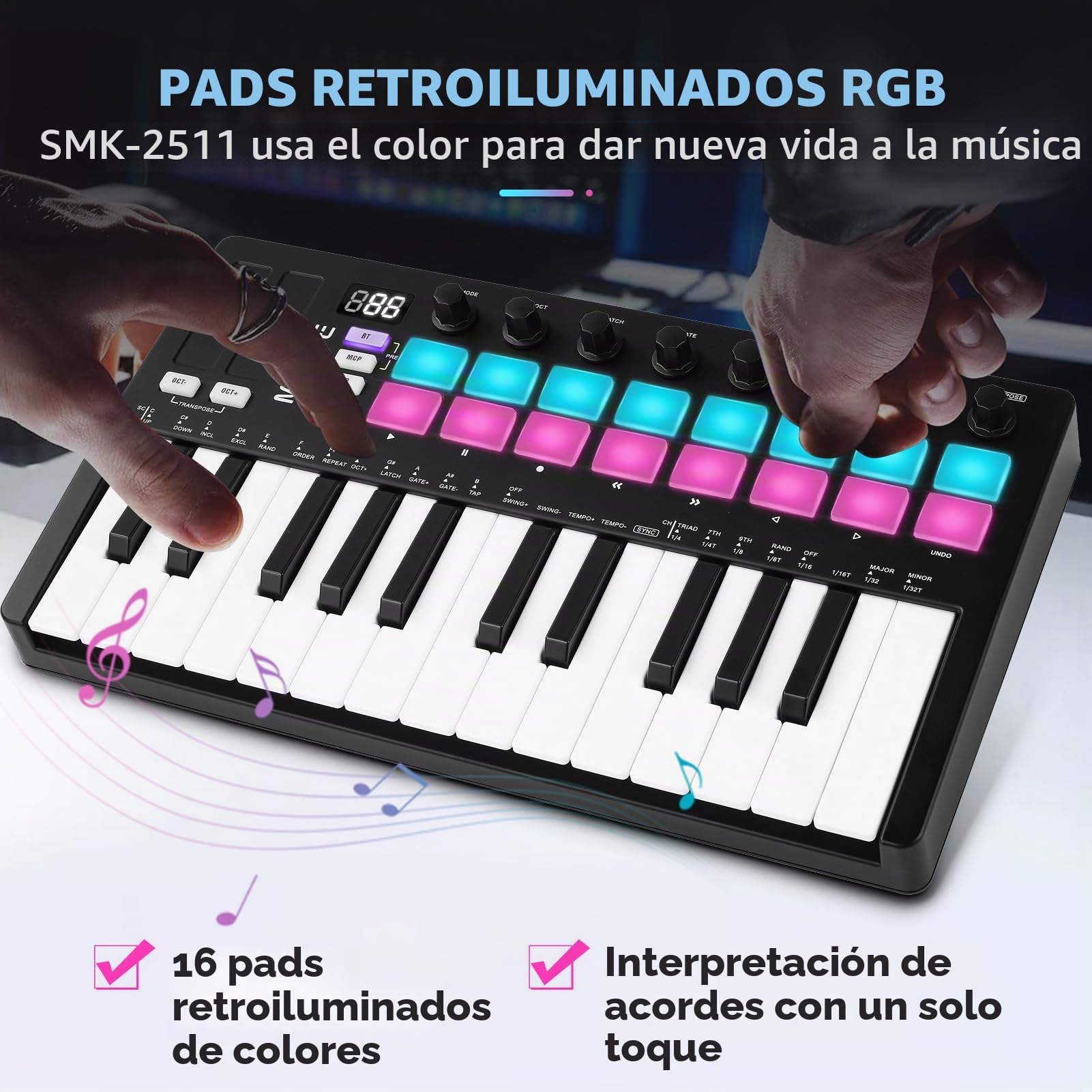 M-VAVE Teclado Controlador MIDI, teclado MIDI mejorado, portátil recargable, de almohadilla RGB, SMK-25II, negro y blanco, batería incorporada