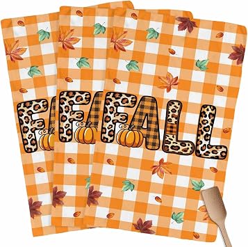 Leopard Fall Maple Leaves Kitchen Towels 3 Pack,Microfiber Dish Towel Set Orange White Buffalo Plaid Soft Highly Absorbent Tea Hand Towel Quick-Drying Cleaning Towels Dish Cloths