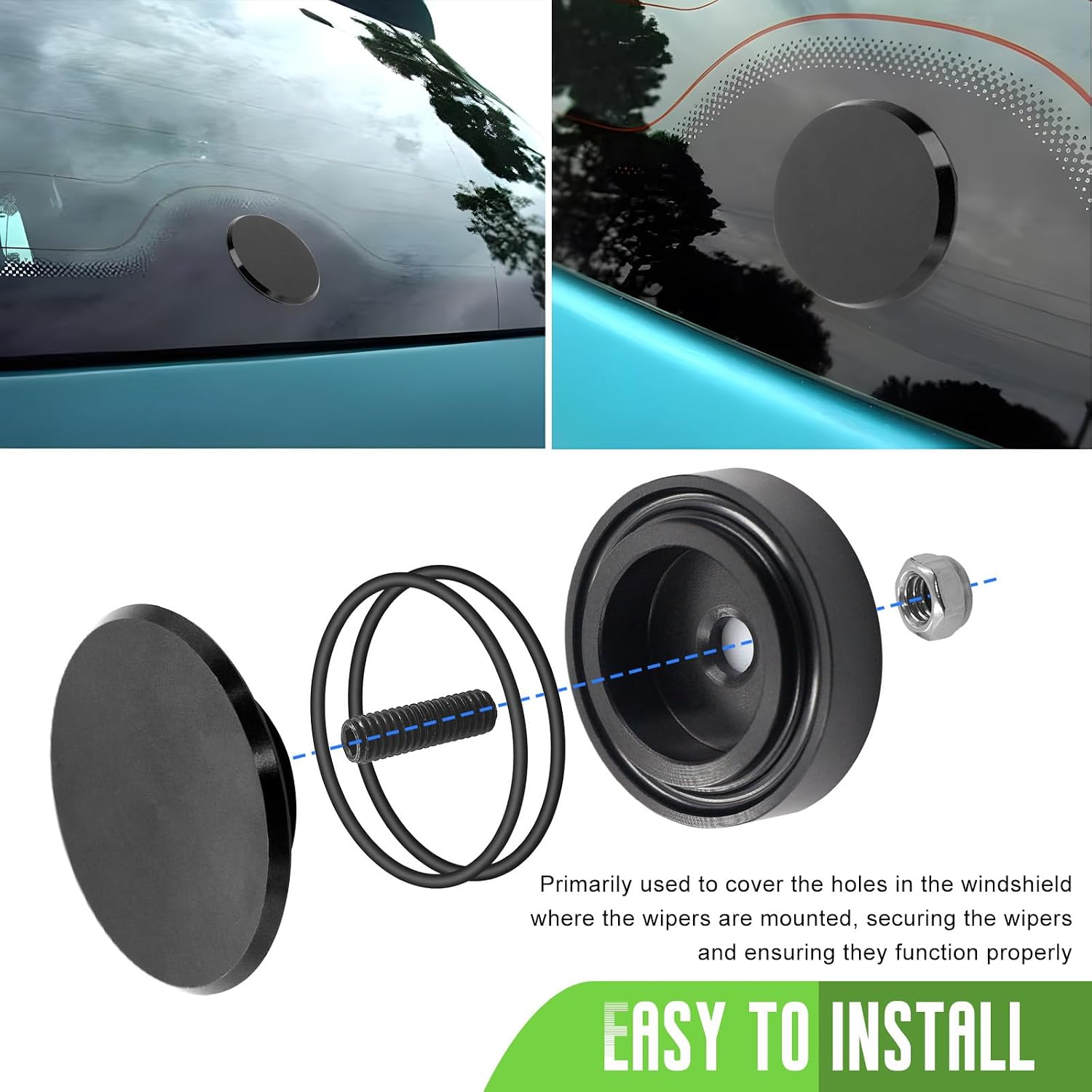 Car Wiper Plug, Waterproof Auto Rear Windshield Wiper Delete Cover Kit with O-Ring, Aluminum Alloy Block-Off Grommet Cap Replacement for Cars SUVs Trucks, Car Accessories (Black)