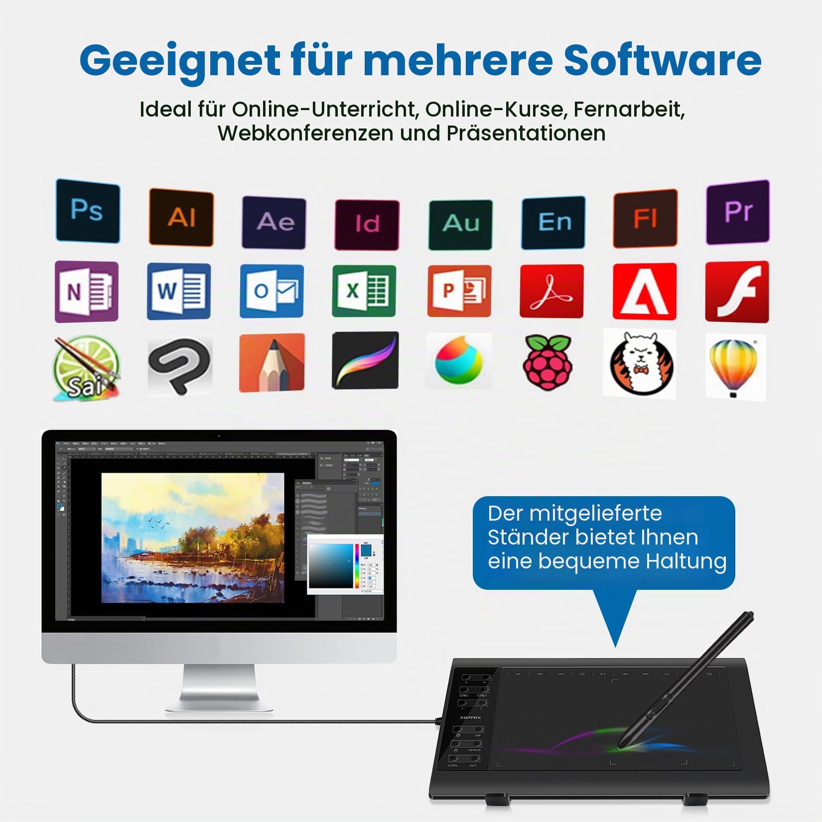 Grafik-Zeichentablett, 25,4 x 15,2 cm, großer aktiver Bereich mit Stift ohne Akku, 8192 Stiftdruckstufen und 12 Shortcut-Tasten, kompatibel mit PC/Mac/Android für die