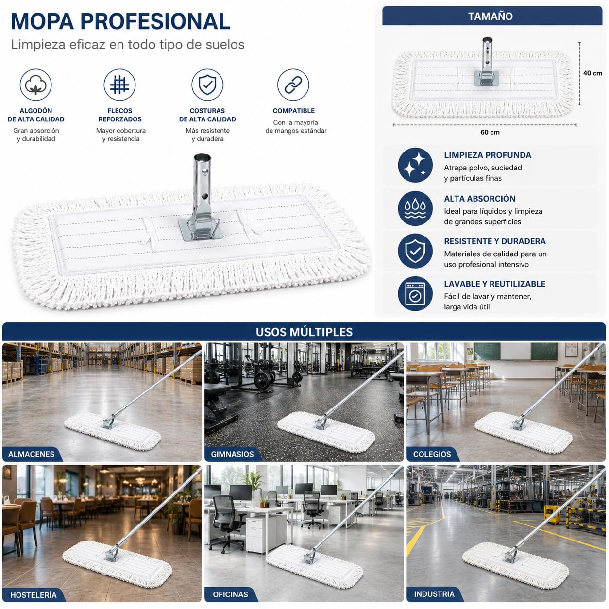 Mopa Industrial Abrillantadora Profesional 100 cm | 90% Algodón + 10% Fibras Sintéticas | Bastidor Plegable para Suelos Amplios | Ideal para Mármol, Terrazo y Parquet