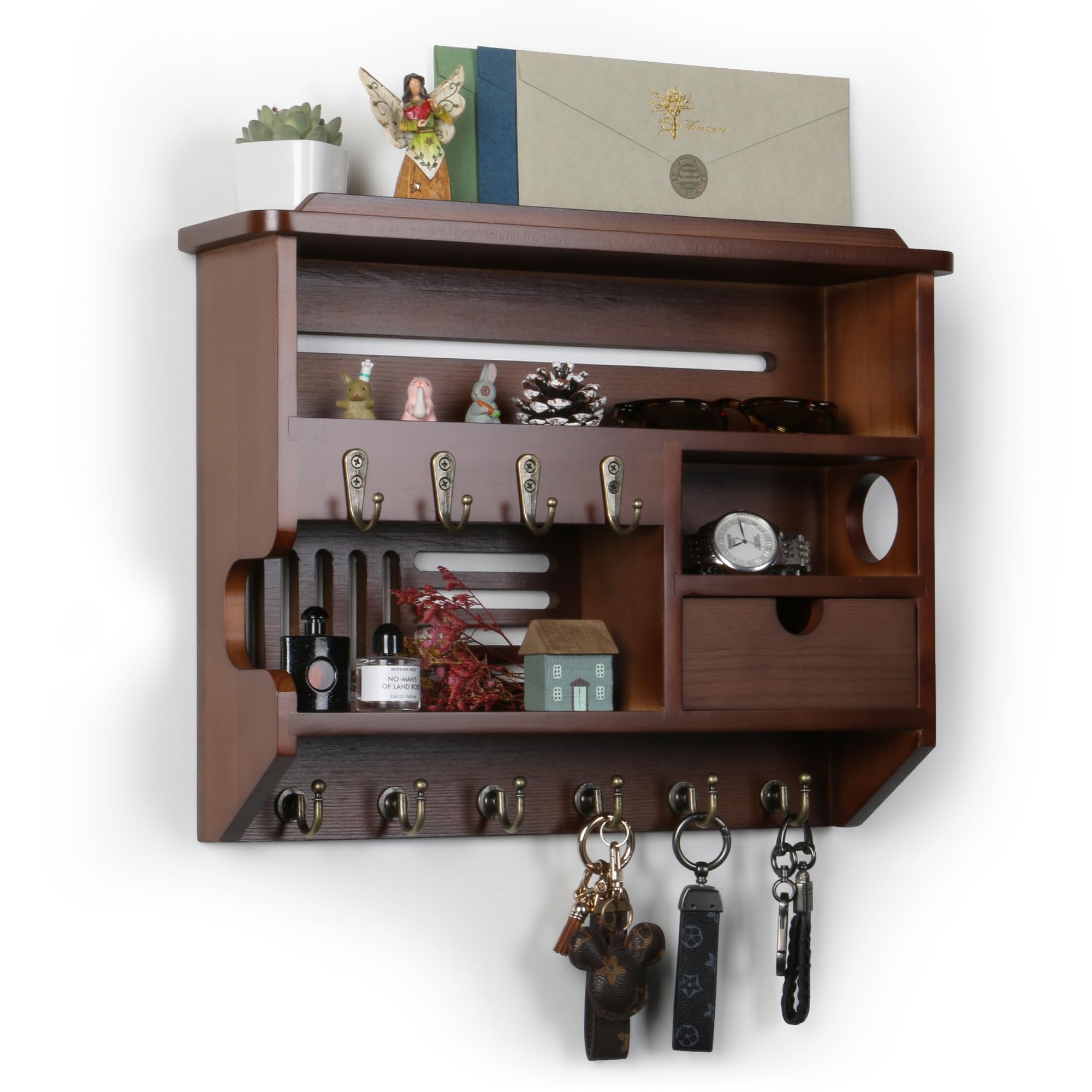 NineLan Key Holder for Wall, Key Holder Wall Mount, Mail Organizer Wall Mount with Storage Drawer, Walnut
