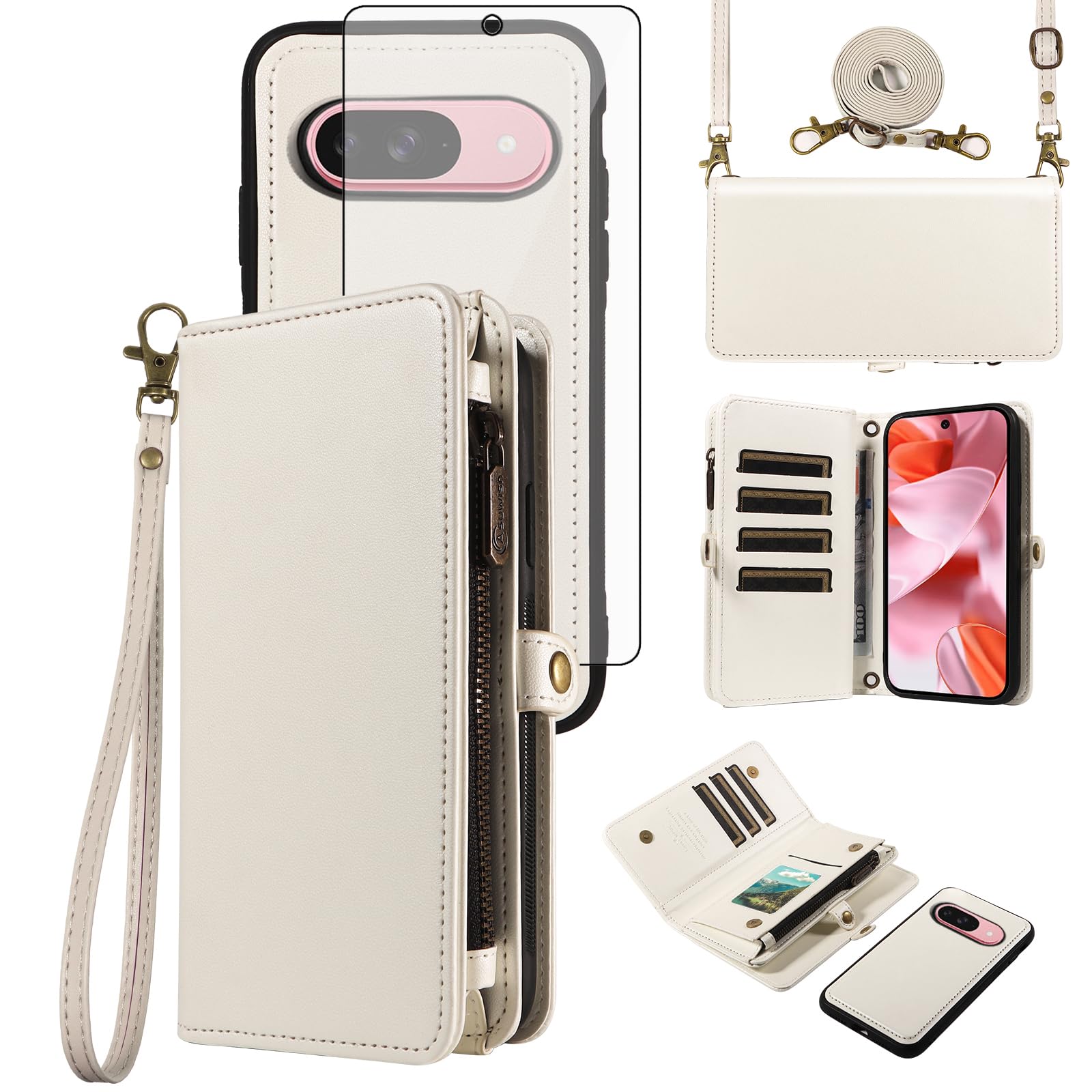 Coque Google Pixel 9/9 Pro 5G portefeuille en cuir blanc avec cordon porte-carte étui - 7