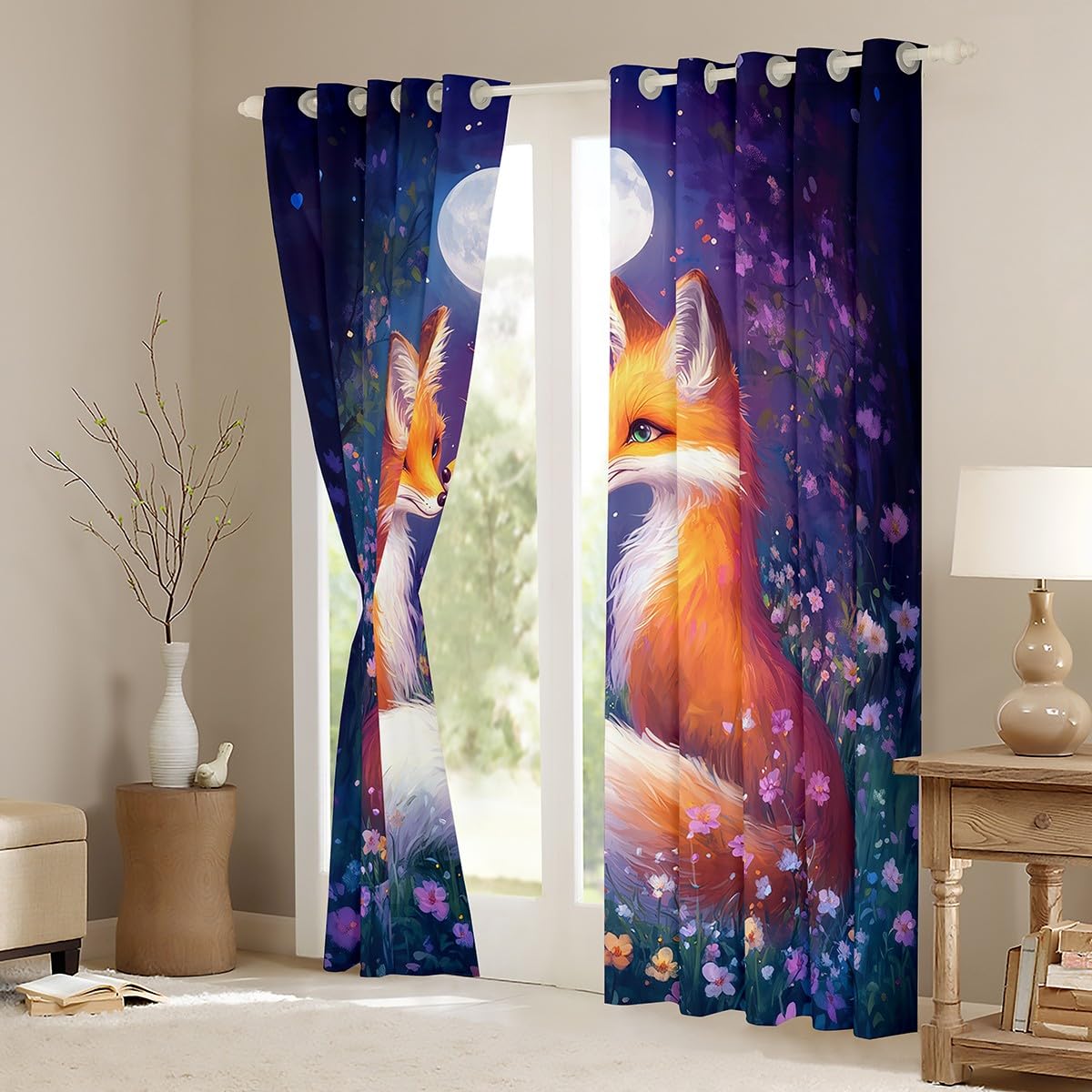 Tende per finestre con volpe della giungla, romantica, coppia di volpi, tende per San Valentino, per bambini, ragazzi, ragazzi, giovani, sognanti, acquerelli, fiori, decorazione per camera