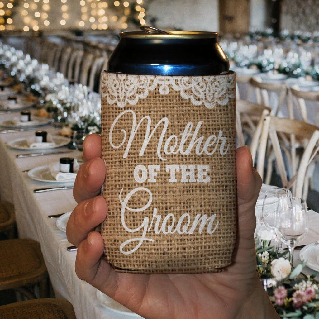 VictoryStore Burlap Rustic Wedding Party Can Coolers – Mother of the Groom Design – Foam Insulated Beverage Sleeves for 12-16 oz Cans & Bottles – Wedding Favors, Bachelorette Party Gifts
