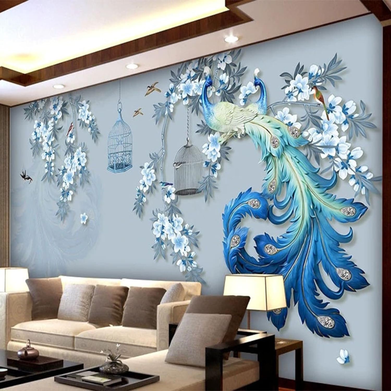 Papier peint panoramique paon 3D intissé peler et coller amovible pour mur de salon