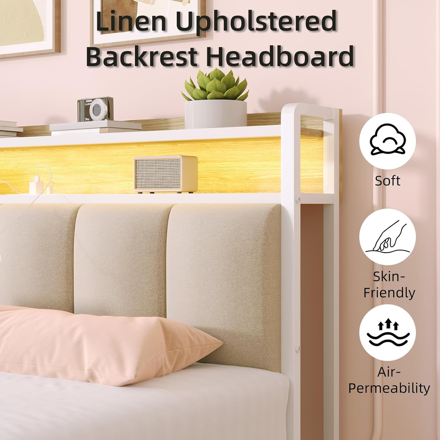 IMMERSTABLE King Size Bed Frame with Storage Headboard, Metal Platform Bed Frame King Size with LED Lights and Charging Station, Heavy Duty Metal Slats, No Box Spring Needed, Easy Assembly, Beige