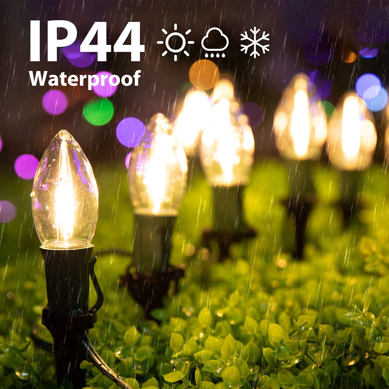 Tira de luces LED estilo sendero de Navidad para exteriores; tira de 20 luces LED C9 de 25.7 pies con 20 estacas conectables y a prueba de agua para interiores, fiestas de Navidad y decoración comercial; luz cálida color blanco 3
