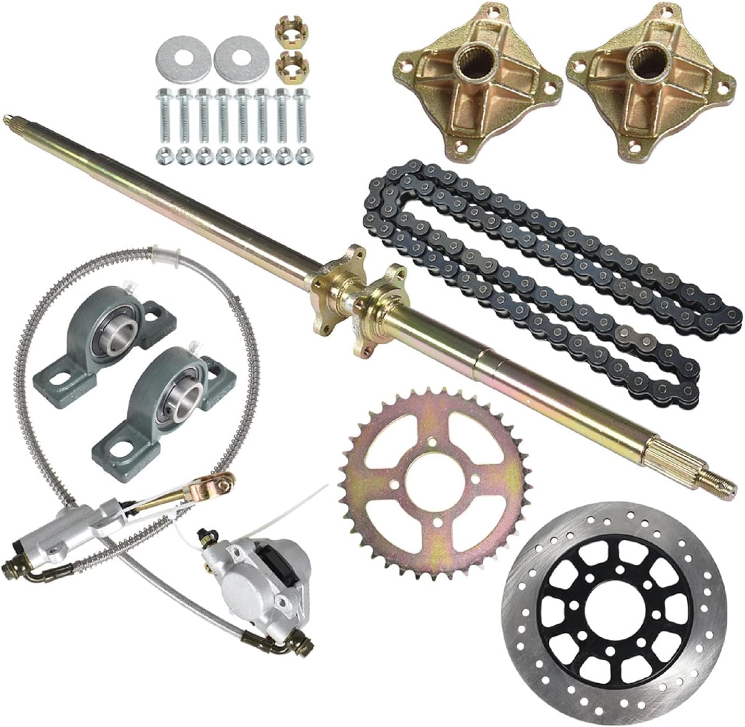 labwork 44 Inch Live Rear Axle Kit Chain Sprocket Brake Disc Pillow Block Wheel Hub Chain Brake Master Cylinder Caliper Rear Axle Assembly Repair Replacement for Go Kart ATV Quad and Drift Trikes
