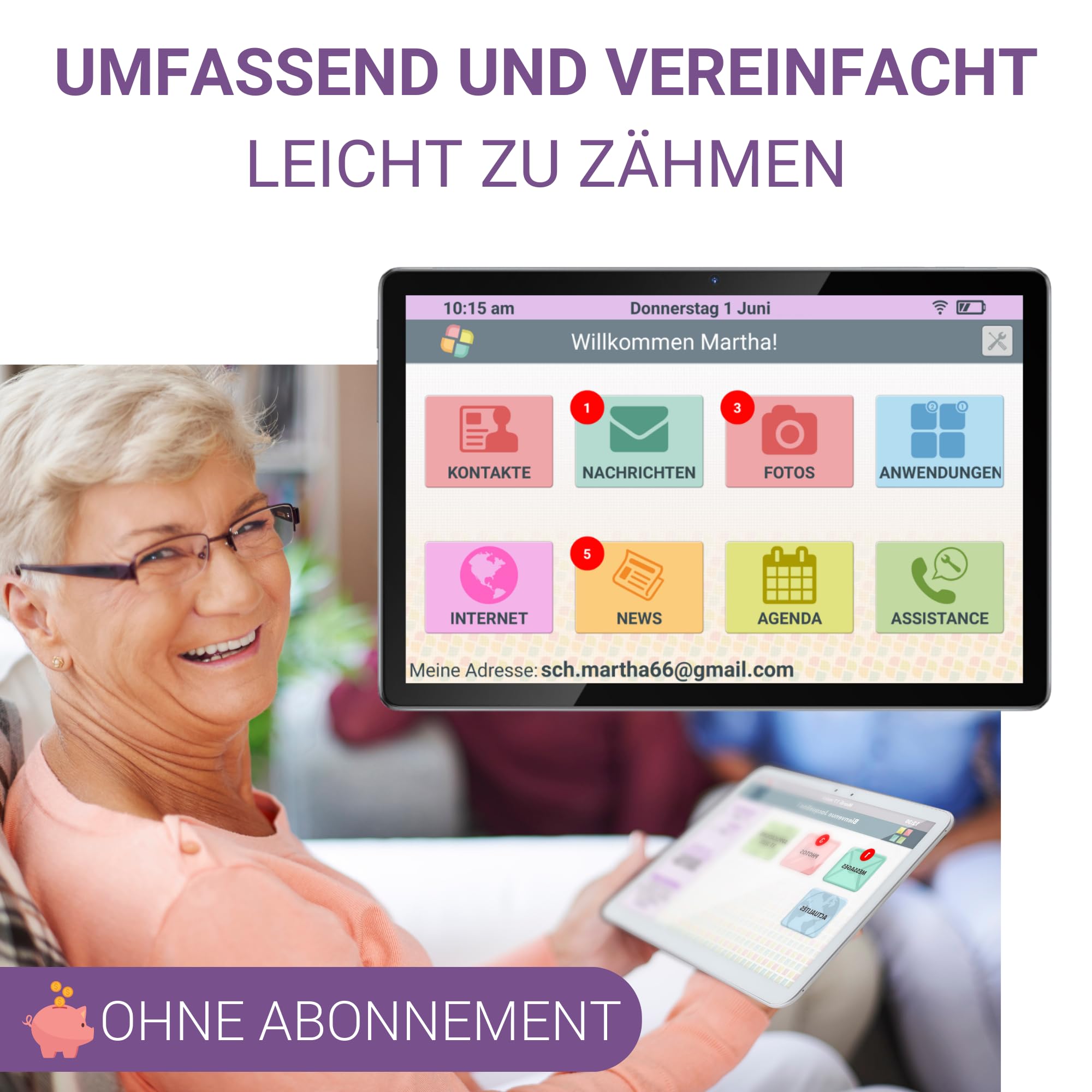 FACILOTAB - Tablet senior preparato in tedesco – Semplice e intuitivo, ideale per gli anziani – Touchscreen molto grande – Fotocamera anteriore e posteriore