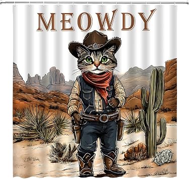 Funny Cowboy Cat Shower Curtain, Western Desert 70 x 70 | Vintage Kitten, Retro Tropical Cactus Mountain, Summer Farmhouse Wild Animal, Fabric Bathroom Decor Curtains with Hooks