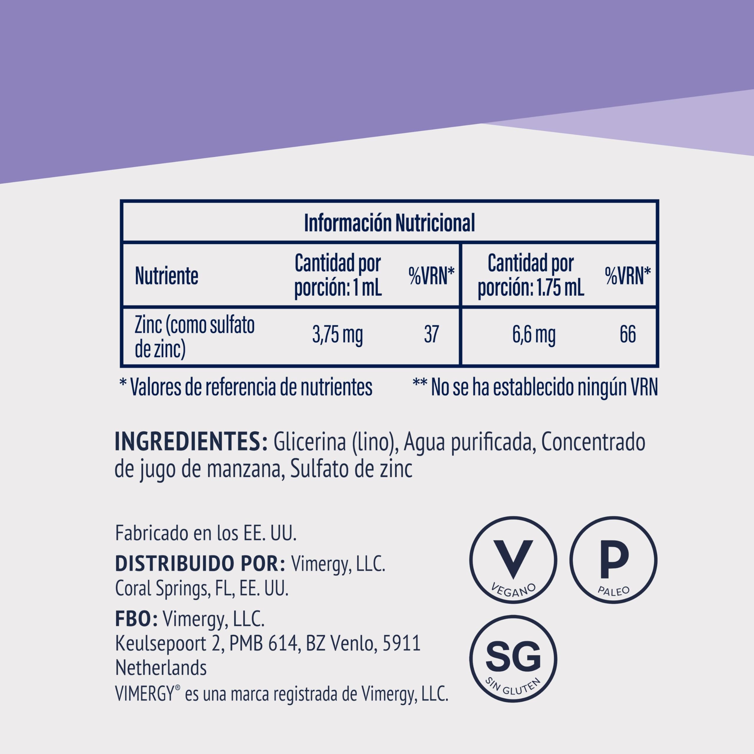 Vimergy Kids Zinc – 55 ml - Suplemento de Zinc para Niños – Zinc Líquido de Rápida Absorción – Desarrollo del Cerebro y Físico - Sin Azúcar, Gluten, Colorantes ni Saborizantes – Vegano y Paleo