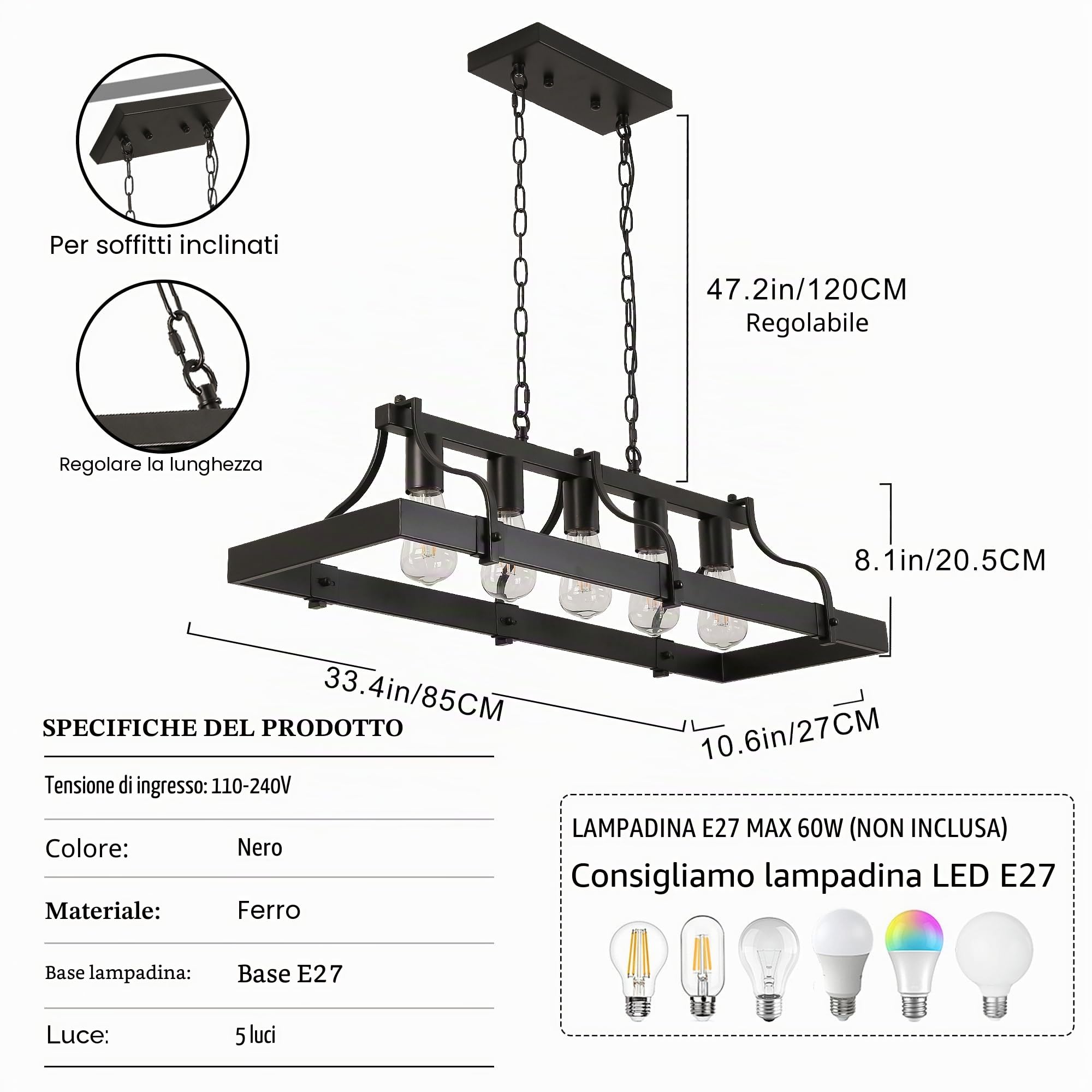 Lampadario A Sospensione A 5 Luci, Imitazione Legno, Lampadario Rustico Lineare, Attacco E27 Per Isola Cucina, Sala Da Pranzo, Ristorante, Lampada A Sospensione, Nero