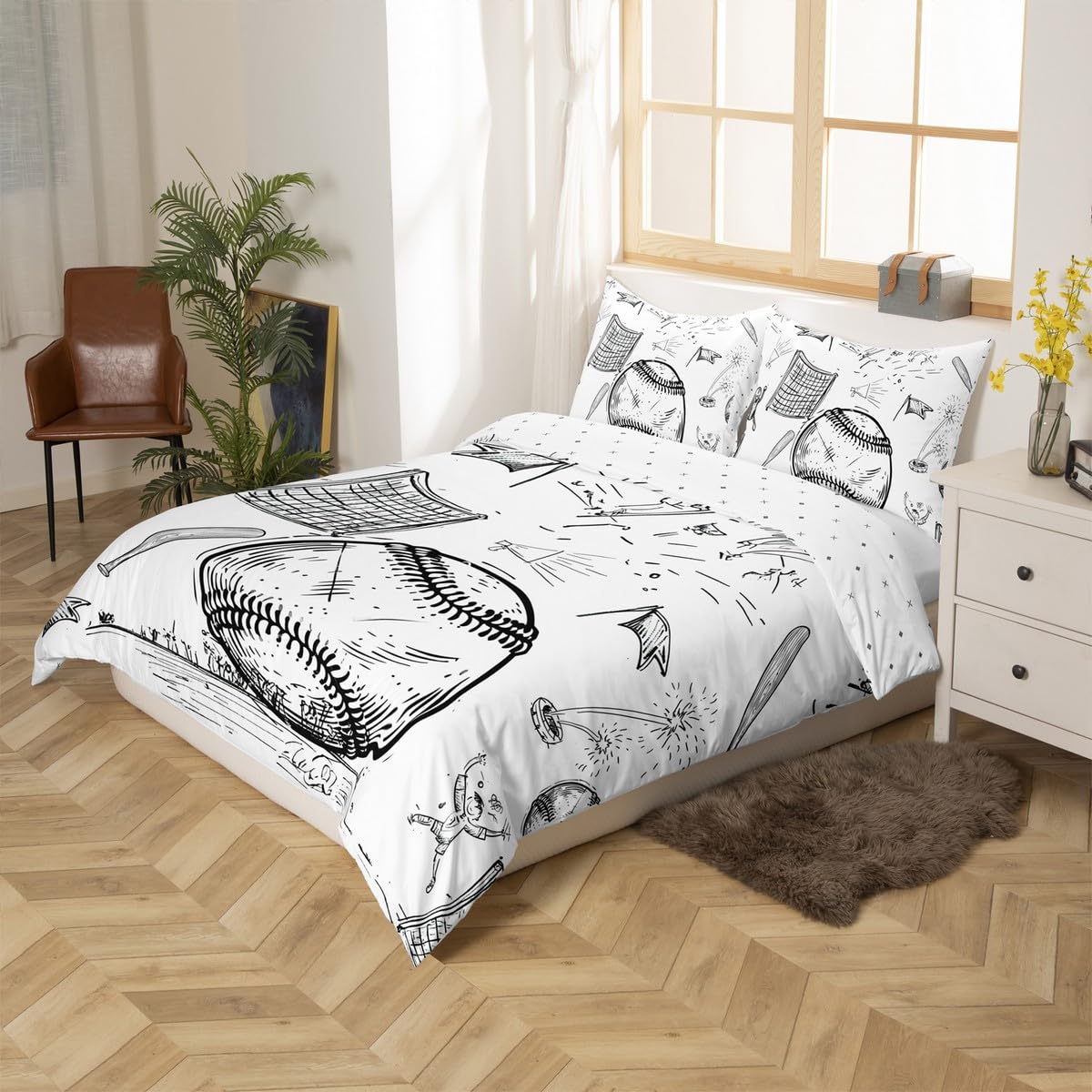 jejeloiu Baseball Duvet Cover Toddler Size Kids Baseball Gaming Hand Drawn Comforter Cover Set Boys Girls Teens Ball Graffiti Bedding Set Breathable Gift for Baseball Lover Bedspread Cover Quilt Cover