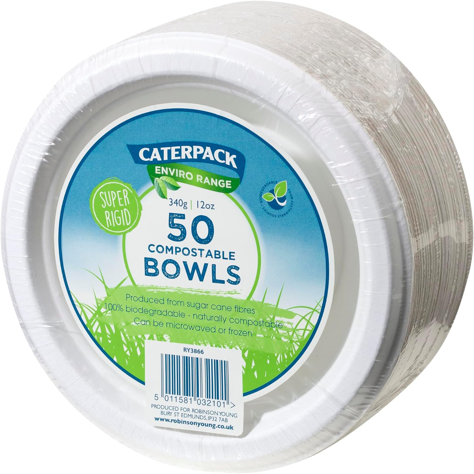 Caterpack Enviro Range Bowls 12oz, 50 Pack Super Rigid 100% Biodegradable Bowls, Naturally compostable, Eco-Friendly, Non Plastic Alternative, Microwave and Freezer Friendly